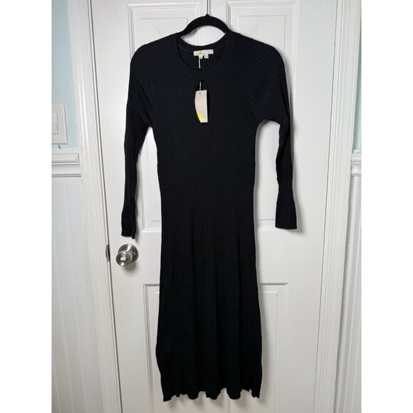 NWT Boden Long Sleeve Ribbed Knit US 10P Black Midi Dress Keyhole Siren Bodycon - Picture 2 of 13